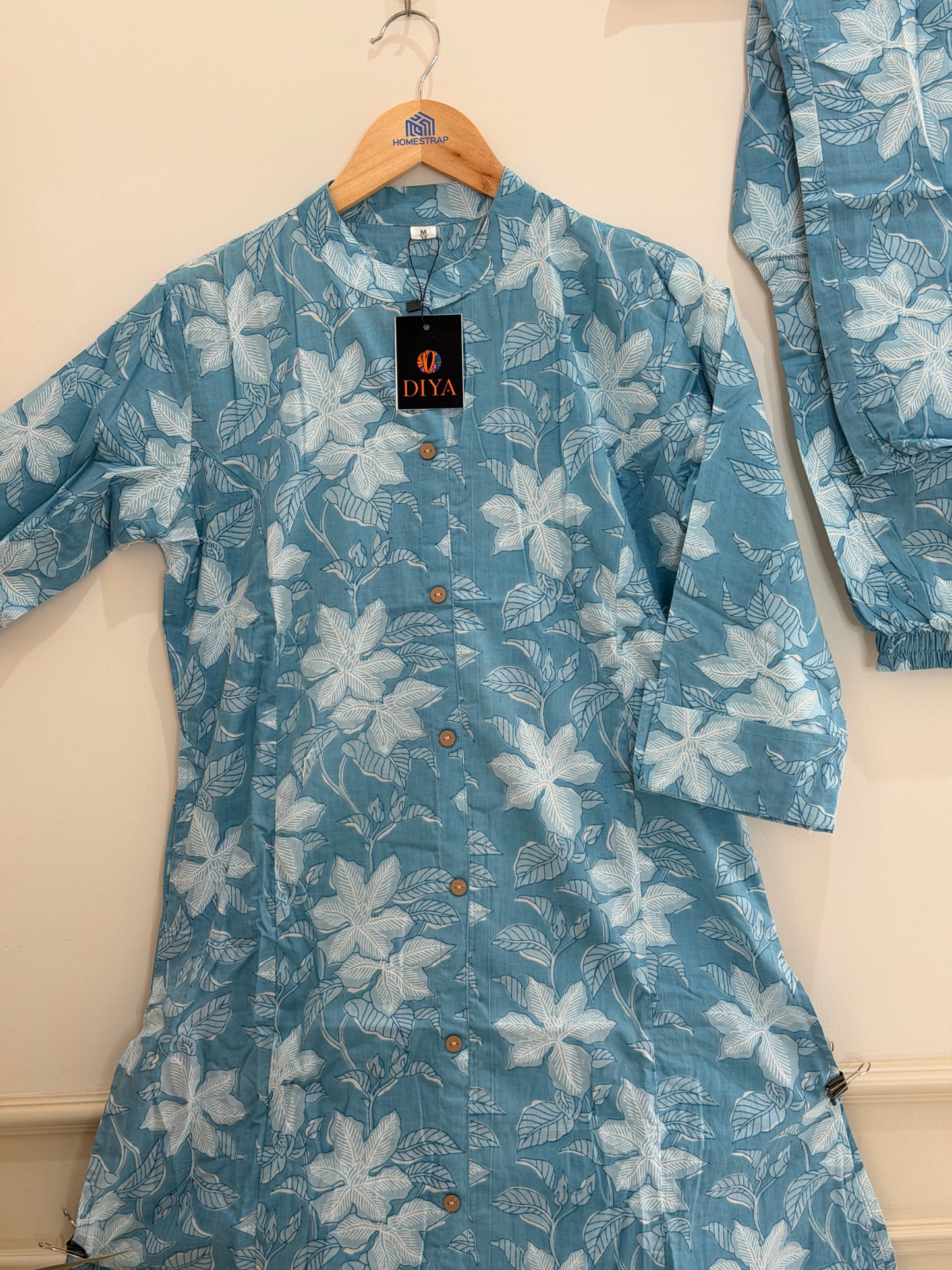 Elegant Aqua Blue Floral Cotton Kurta Set (2-Piece)