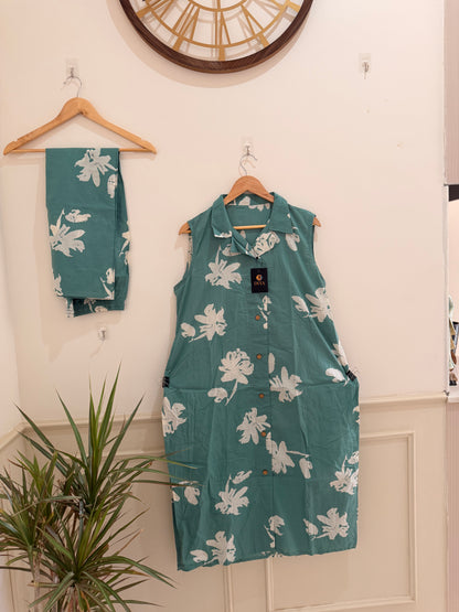 Sage Green Floral Sleeveless Kurta Set (2-Piece)