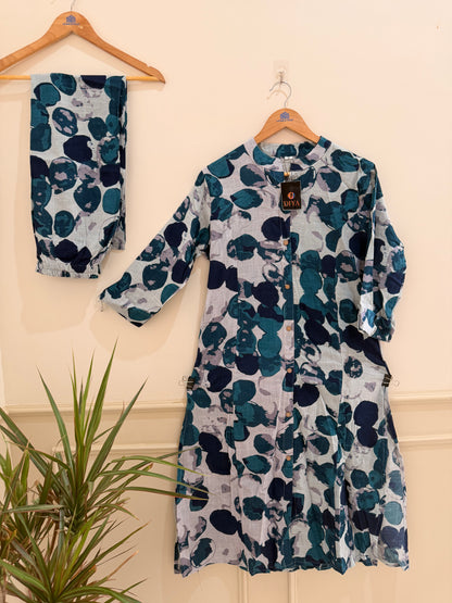 Teal Blue Abstract Printed Women’s Kurta Set (2-Piece)