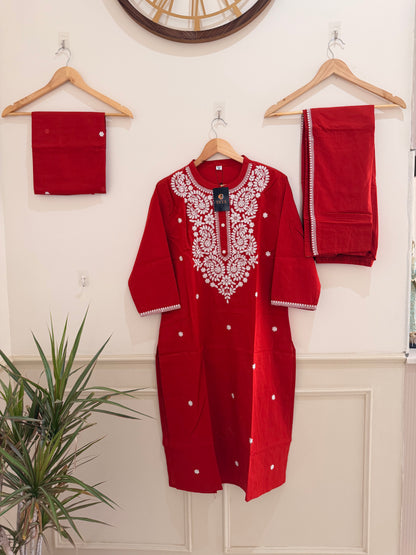 Classic Brick Red Embroidered Women’s Suit Set (3-Piece)