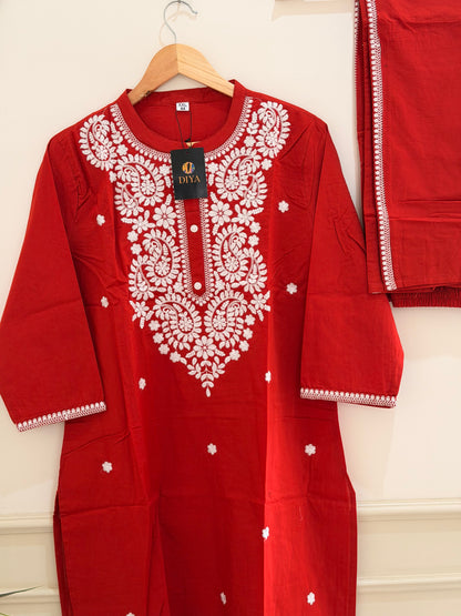 Classic Brick Red Embroidered Women’s Suit Set (3-Piece)