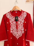 Classic Brick Red Embroidered Women’s Suit Set (3-Piece)