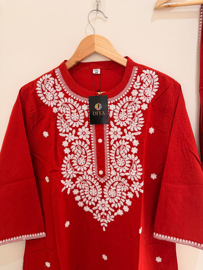 Classic Brick Red Embroidered Women’s Suit Set (3-Piece)