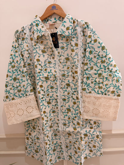 Elegant Off White Green Floral Printed Women’s Co-Ord Set (2-Piece)