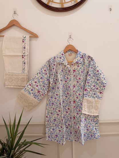Elegant Off White  - Blue Floral Printed Women’s Co-Ord Set (2-Piece)