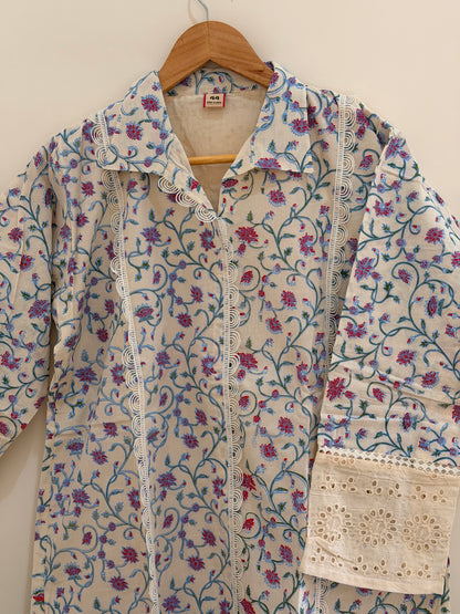 Elegant Off White  - Blue Floral Printed Women’s Co-Ord Set (2-Piece)