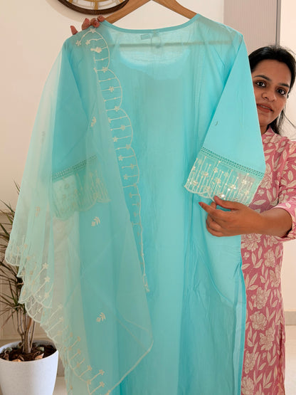 Elegant Sky Blue 3-Piece Suit Set with Intricate Embroidery