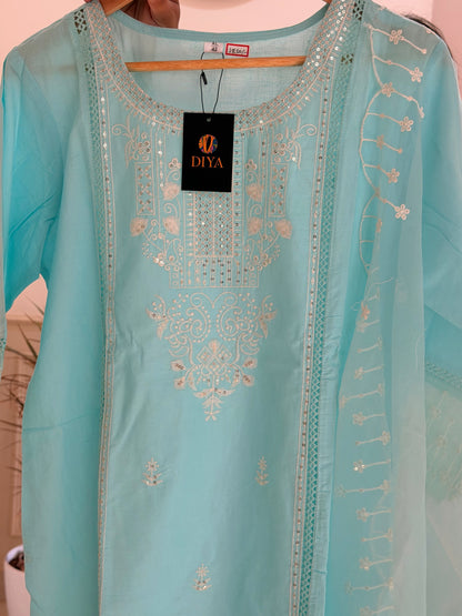 Elegant Sky Blue 3-Piece Suit Set with Intricate Embroidery