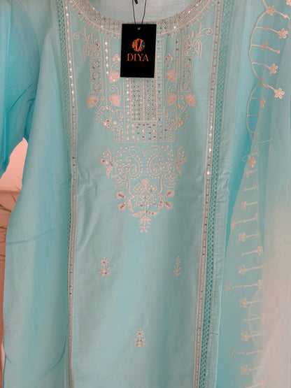 Elegant Sky Blue 3-Piece Suit Set with Intricate Embroidery