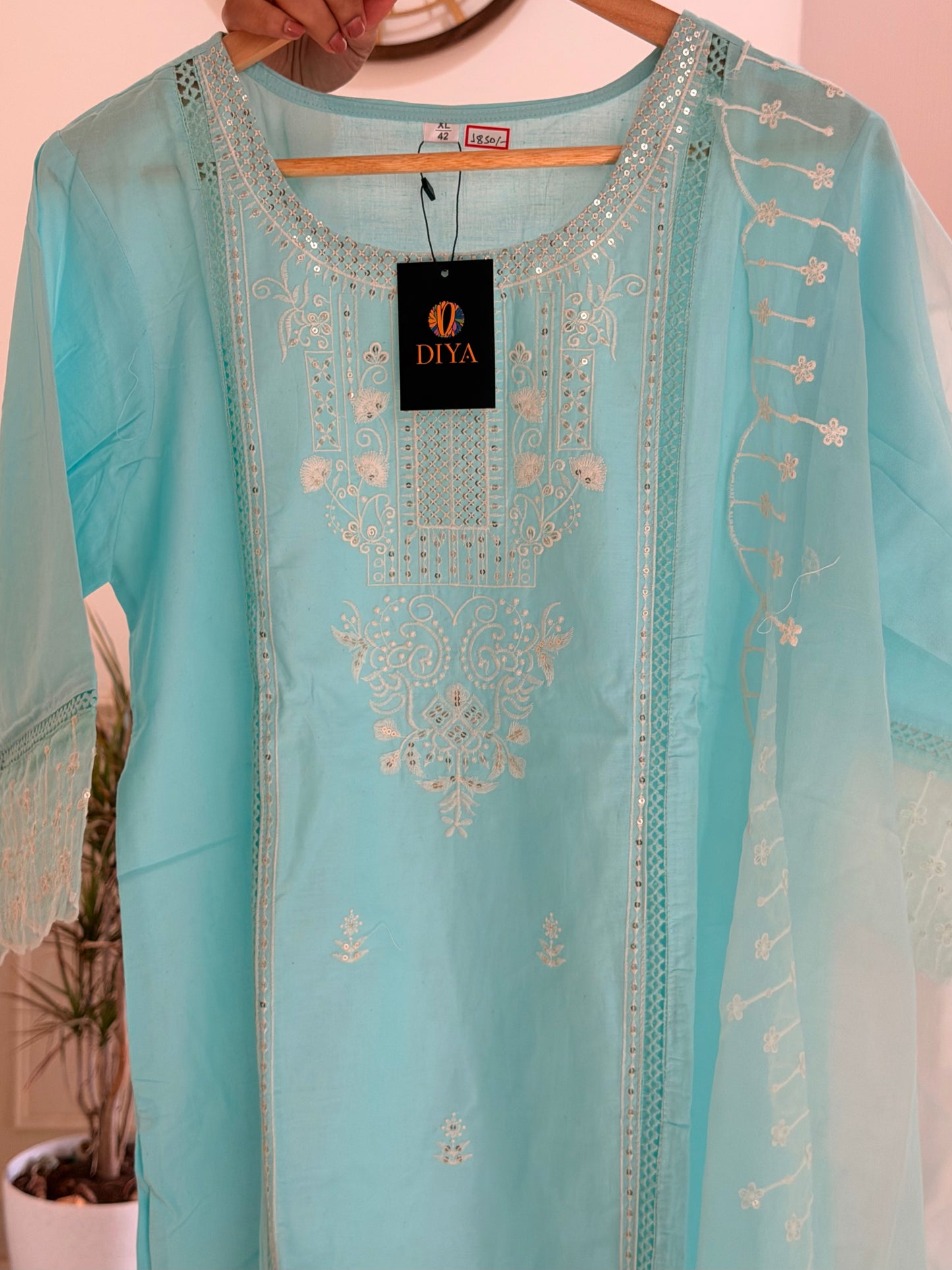 Elegant Sky Blue 3-Piece Suit Set with Intricate Embroidery