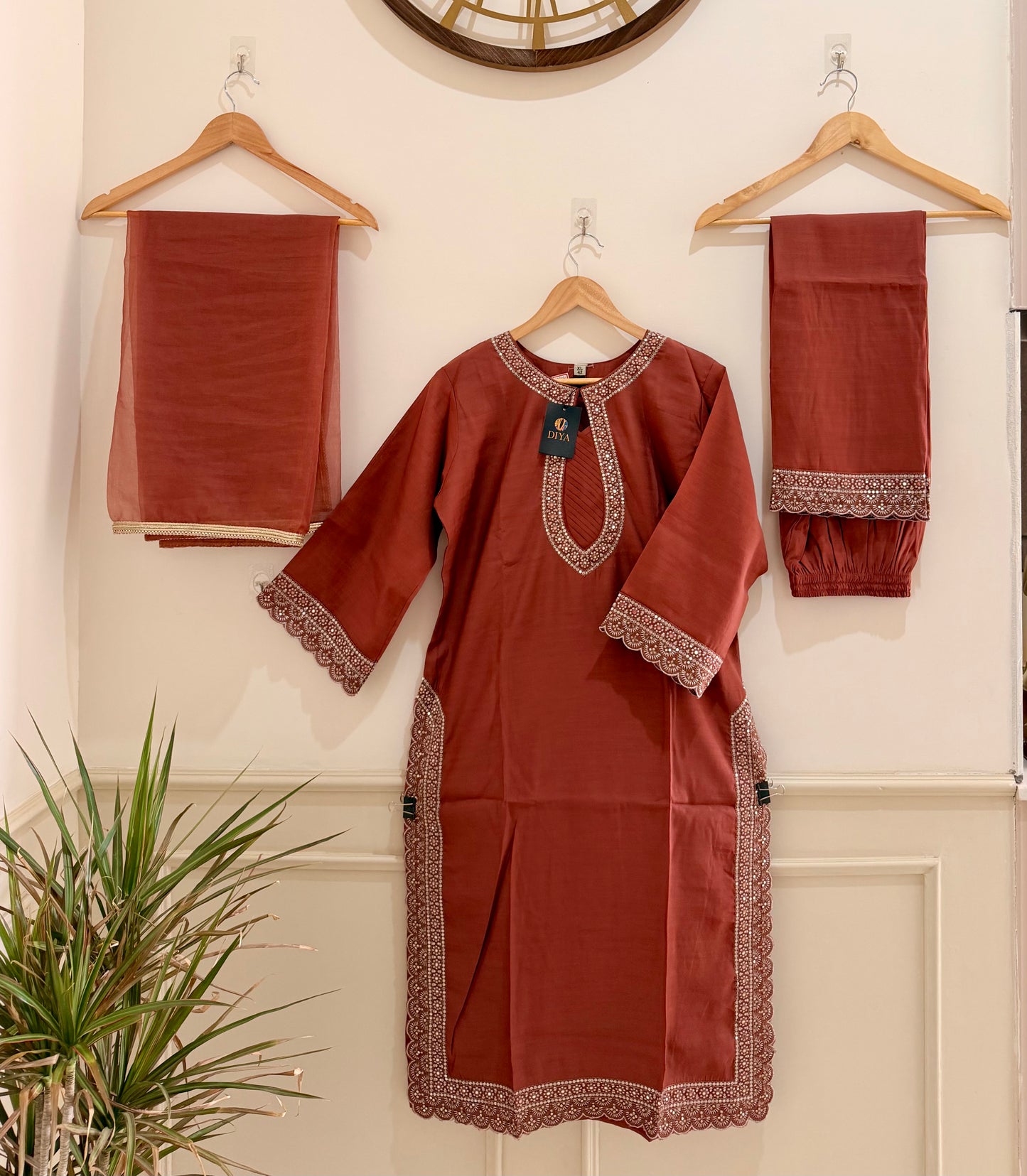 Rust Red Embroidered Women’s Kurta Set (3-Piece)