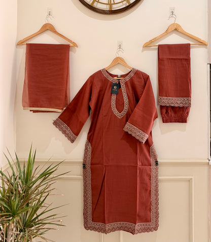 Rust Red Embroidered Women’s Kurta Set (3-Piece)