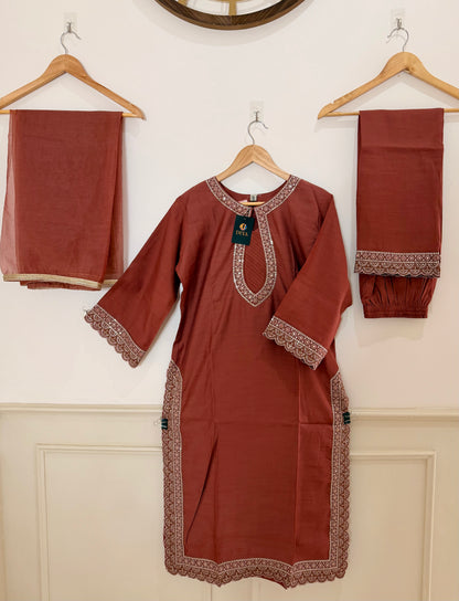 Rust Red Embroidered Women’s Kurta Set (3-Piece)