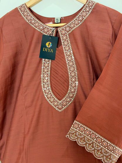 Rust Red Embroidered Women’s Kurta Set (3-Piece)