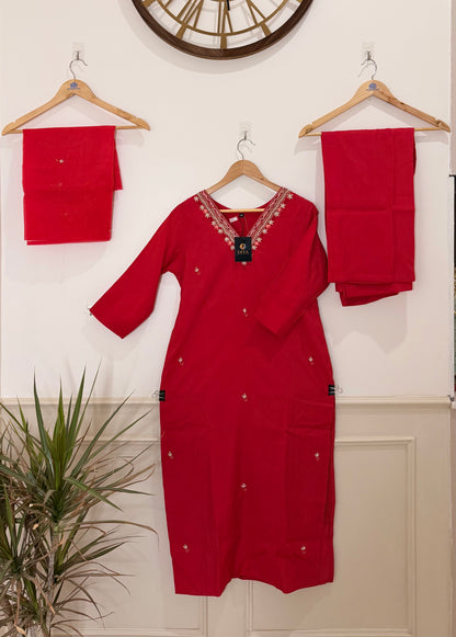 Elegant Red Hand Work Embroidered Women’s Kurta Set (3-Piece)