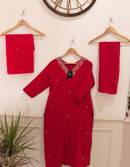 Elegant Red Hand Work Embroidered Women’s Kurta Set (3-Piece)