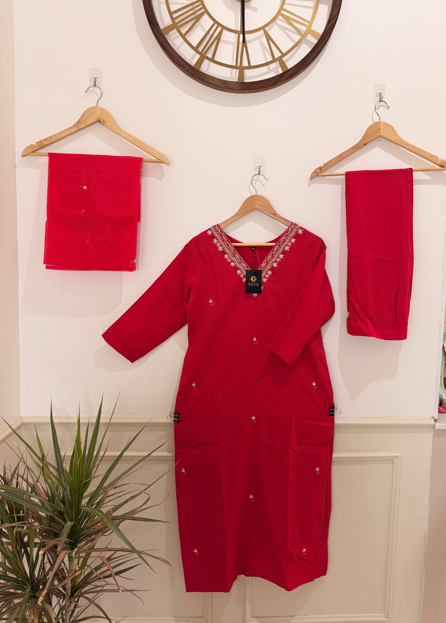 Elegant Red Hand Work Embroidered Women’s Kurta Set (3-Piece)