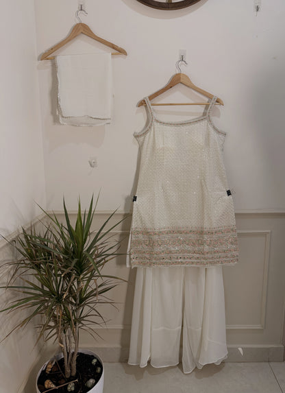 Elegant Off-White Hand-Embroidered Sharara Set (3-Piece)