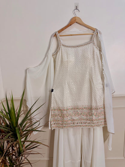 Elegant Off-White Hand-Embroidered Sharara Set (3-Piece)