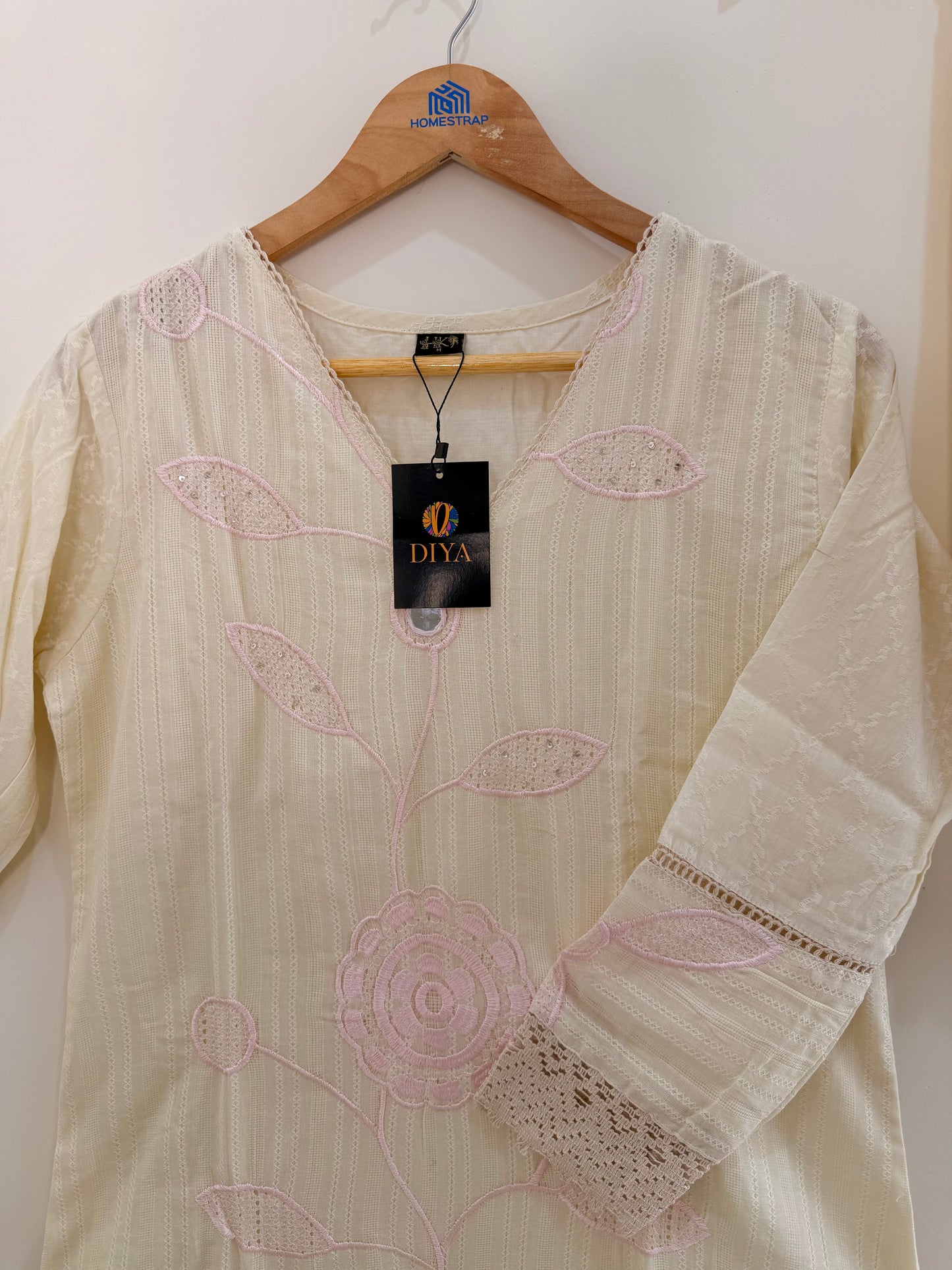Elegant Ivory Embroidered(Baby Pink) Women’s Kurta Set (2-Piece)