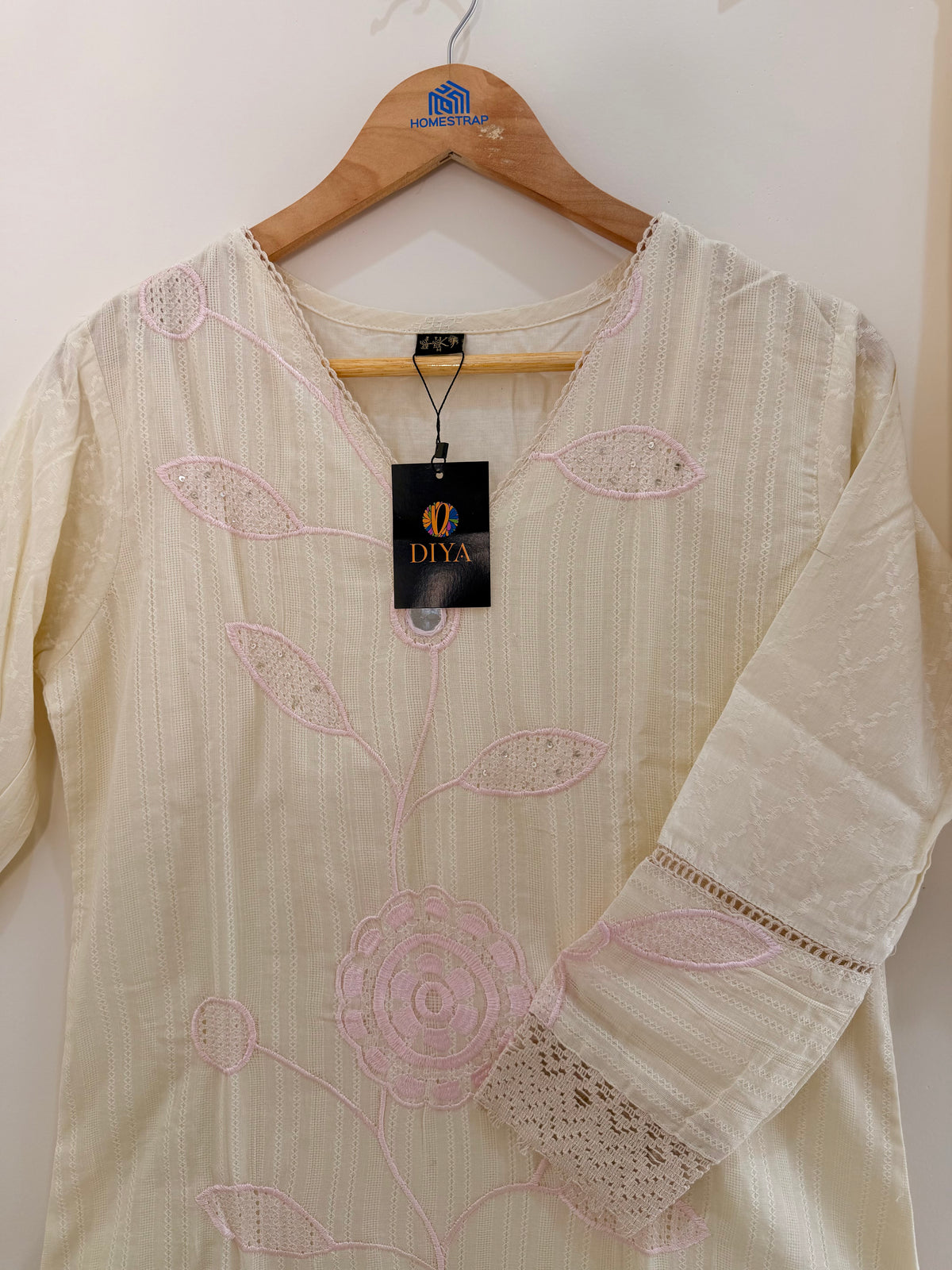 Elegant Ivory Embroidered(Baby Pink) Women’s Kurta Set (2-Piece)