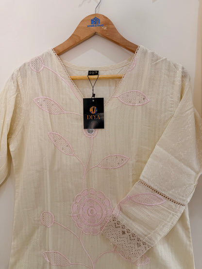 Elegant Ivory Embroidered(Baby Pink) Women’s Kurta Set (2-Piece)