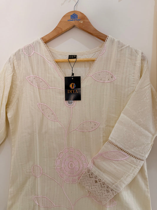 Elegant Ivory Embroidered(Baby Pink) Women’s Kurta Set (2-Piece)