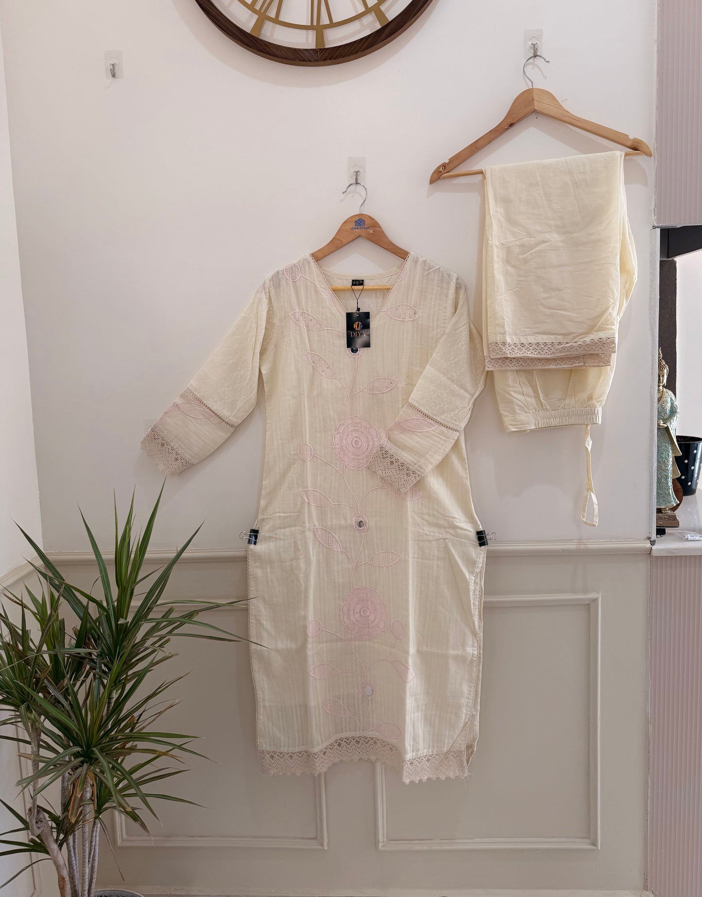 Elegant Ivory Embroidered(Baby Pink) Women’s Kurta Set (2-Piece)