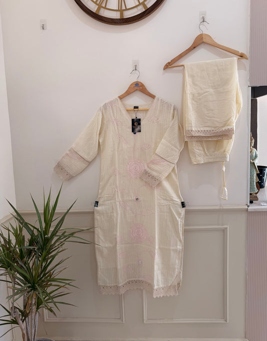 Elegant Ivory Embroidered(Baby Pink) Women’s Kurta Set (2-Piece)