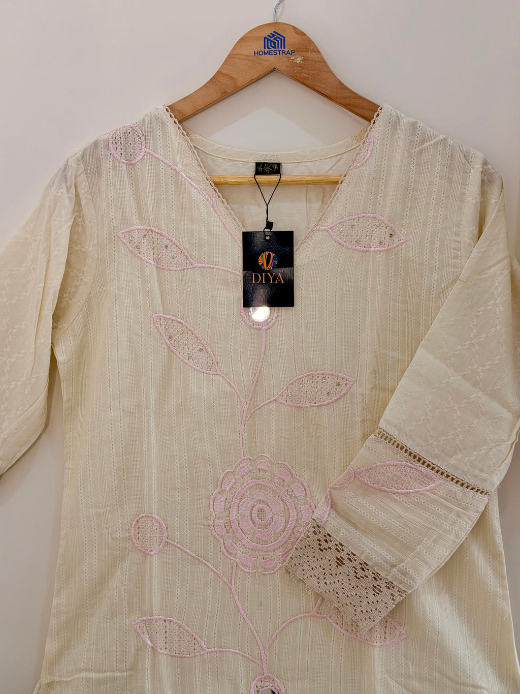 Elegant Ivory Embroidered(Baby Pink) Women’s Kurta Set (2-Piece)