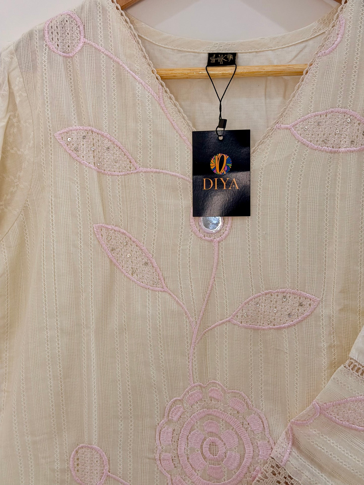 Elegant Ivory Embroidered(Baby Pink) Women’s Kurta Set (2-Piece)