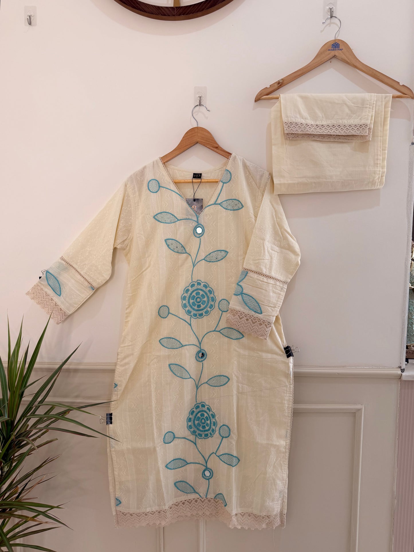 Elegant Off-White & Aqua Embroidered Women’s Kurta Set (2-Piece)