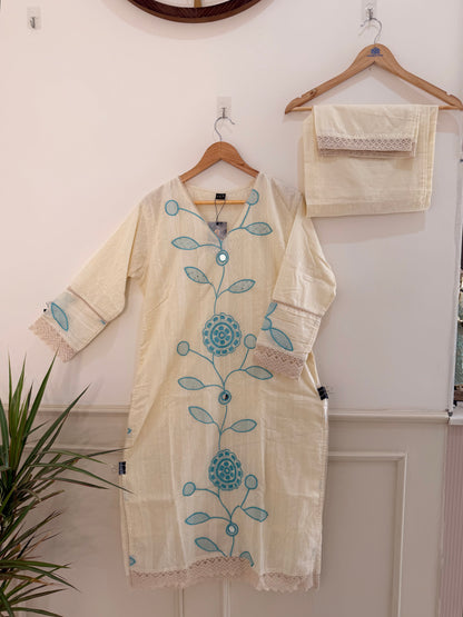 Elegant Off-White & Aqua Embroidered Women’s Kurta Set (2-Piece)