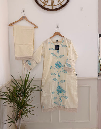 Elegant Off-White & Aqua Embroidered Women’s Kurta Set (2-Piece)
