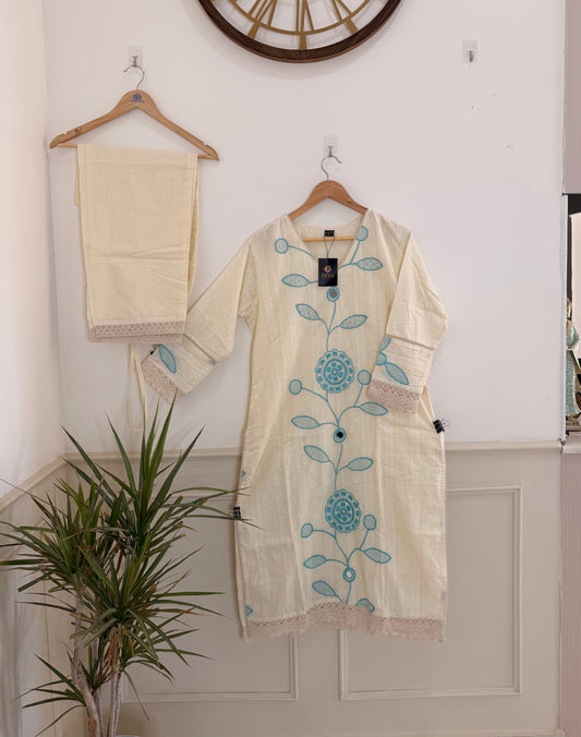 Elegant Off-White & Aqua Embroidered Women’s Kurta Set (2-Piece)