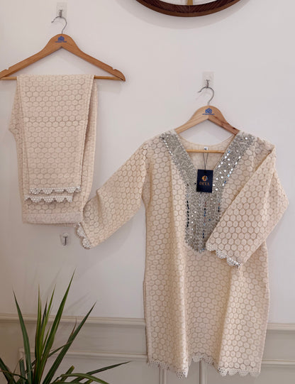 Elegant Ivory Textured and Neck Embellished Women’s Co-Ord Set (2-Piece)
