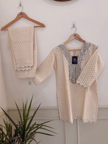 Elegant Ivory Textured and Neck Embellished Women’s Co-Ord Set (2-Piece)