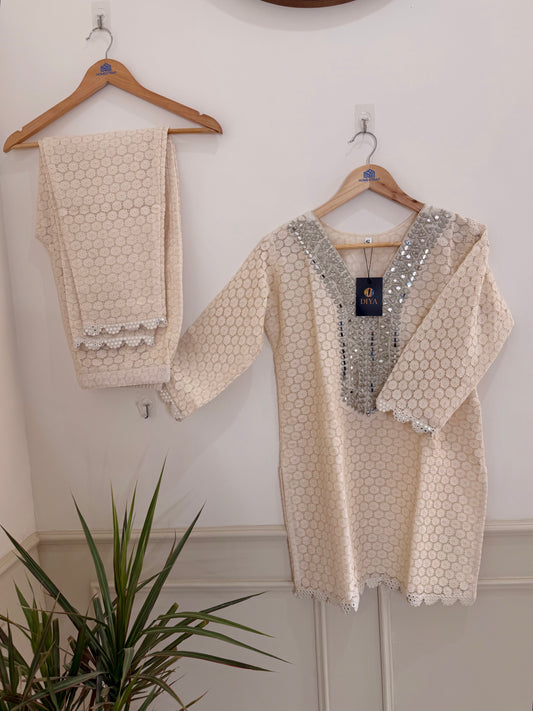 Elegant Ivory Textured and Neck Embellished Women’s Co-Ord Set (2-Piece)