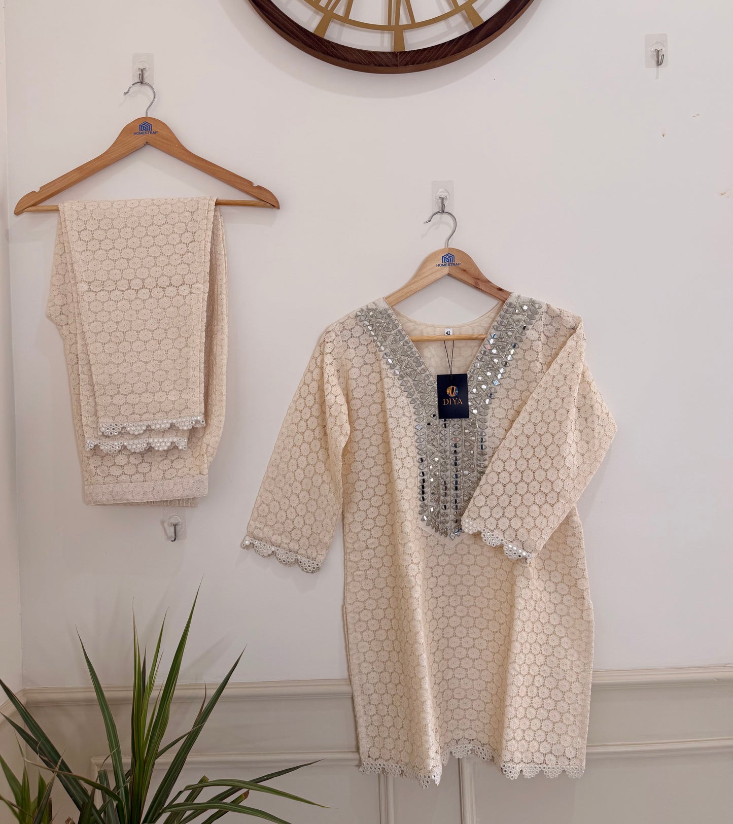 Elegant Ivory Textured and Neck Embellished Women’s Co-Ord Set (2-Piece)