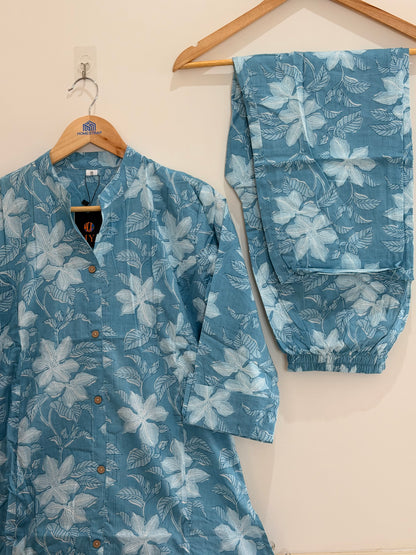 Elegant Aqua Blue Floral Cotton Kurta Set (2-Piece)