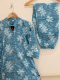 Elegant Aqua Blue Floral Cotton Kurta Set (2-Piece)