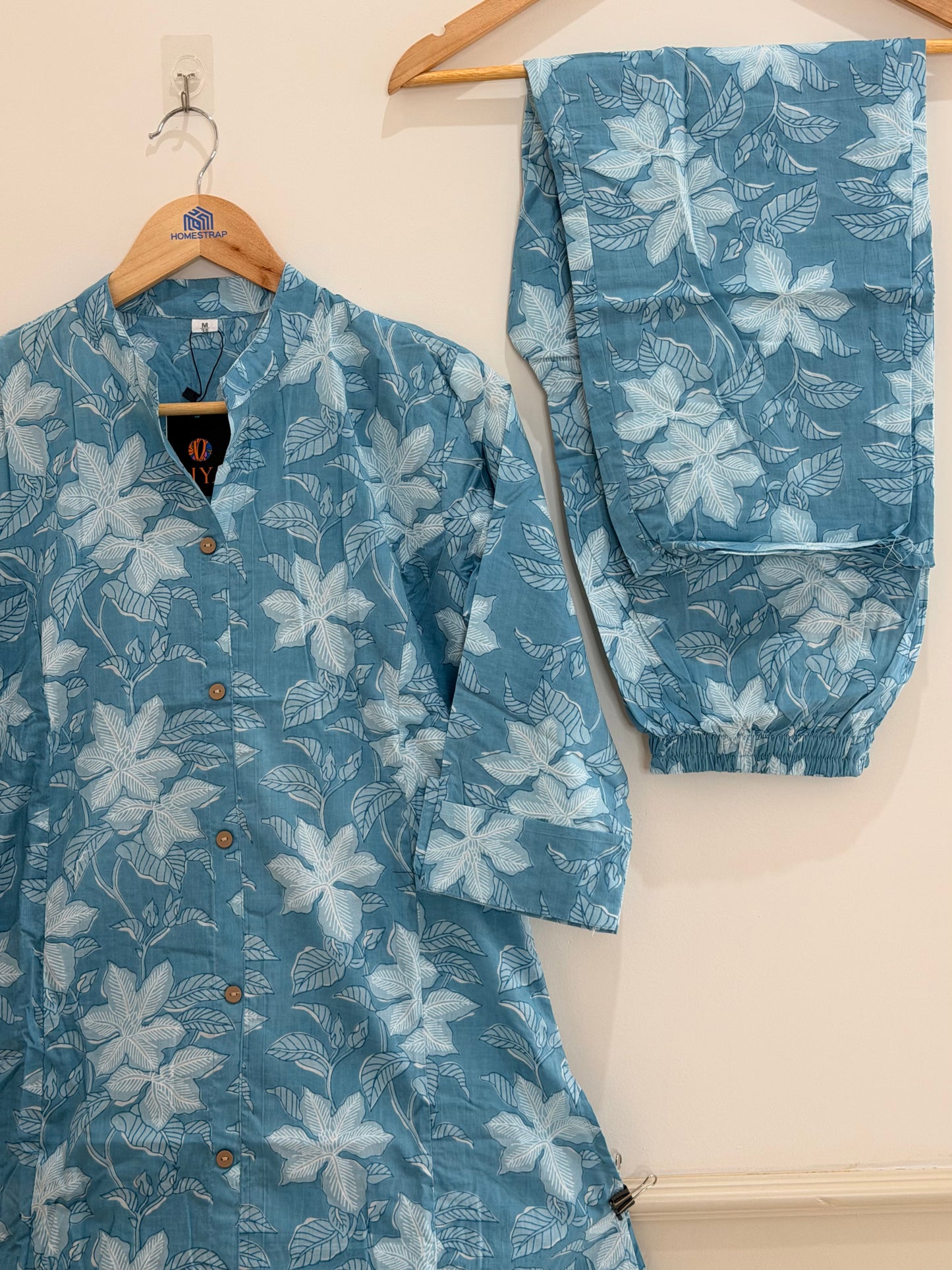 Elegant Aqua Blue Floral Cotton Kurta Set (2-Piece)