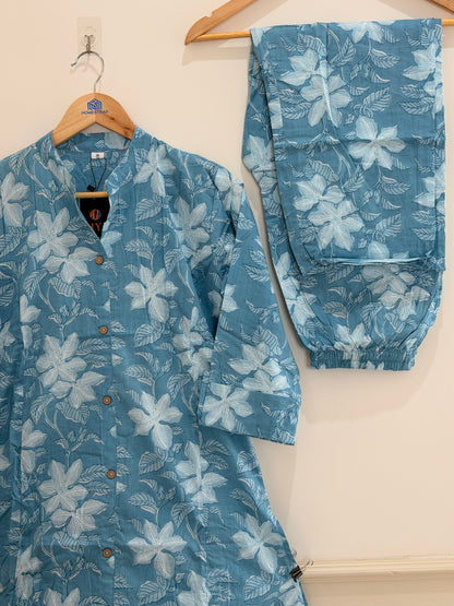 Elegant Aqua Blue Floral Cotton Kurta Set (2-Piece)