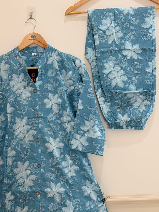 Elegant Aqua Blue Floral Cotton Kurta Set (2-Piece)