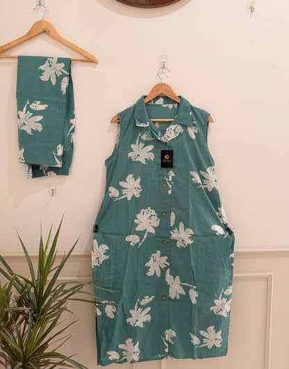 Sage Green Floral Sleeveless Kurta Set (2-Piece)