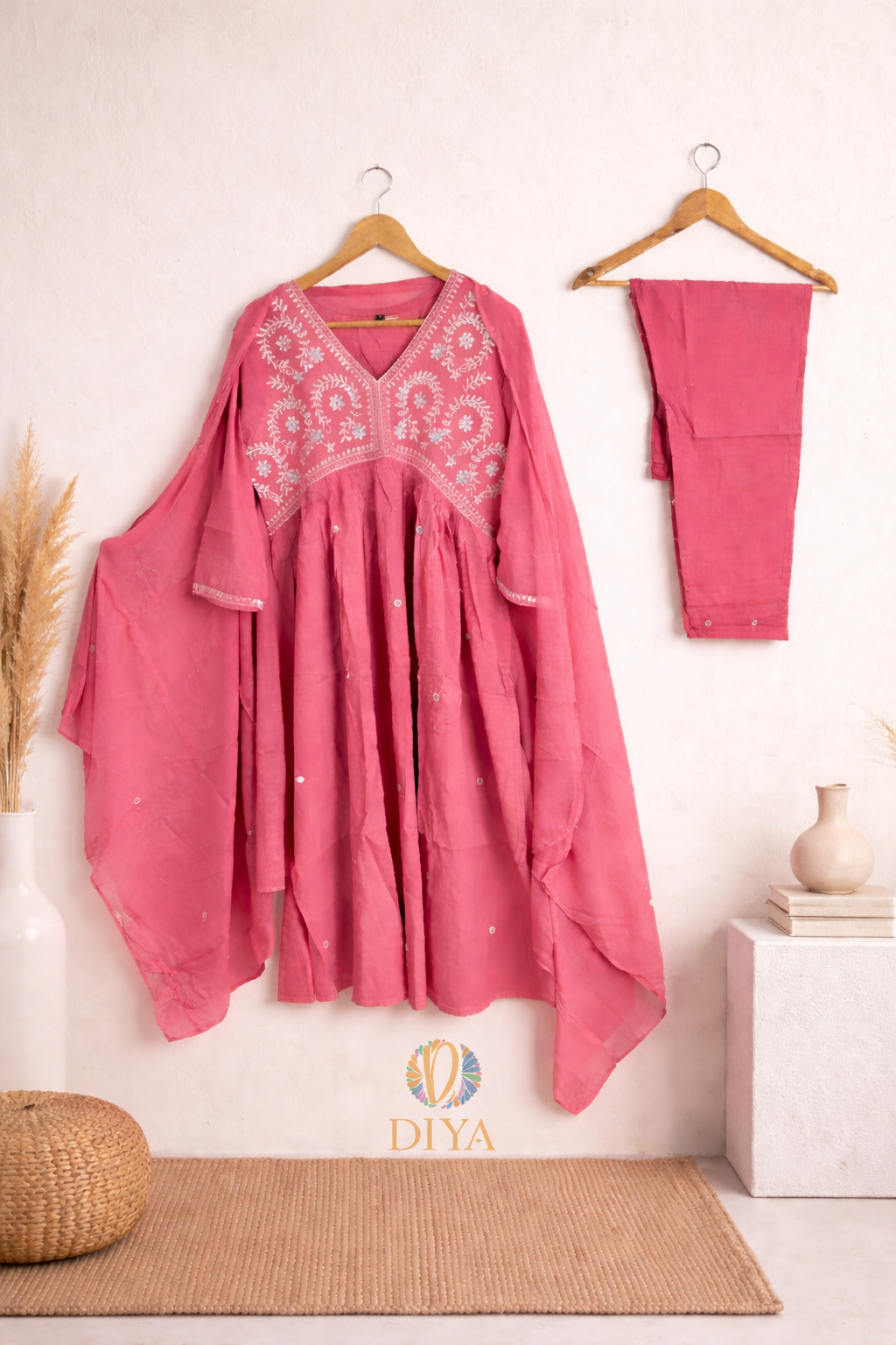 Elegant Rose Pink Embroidered Women’s Kurta Set (3-Piece)