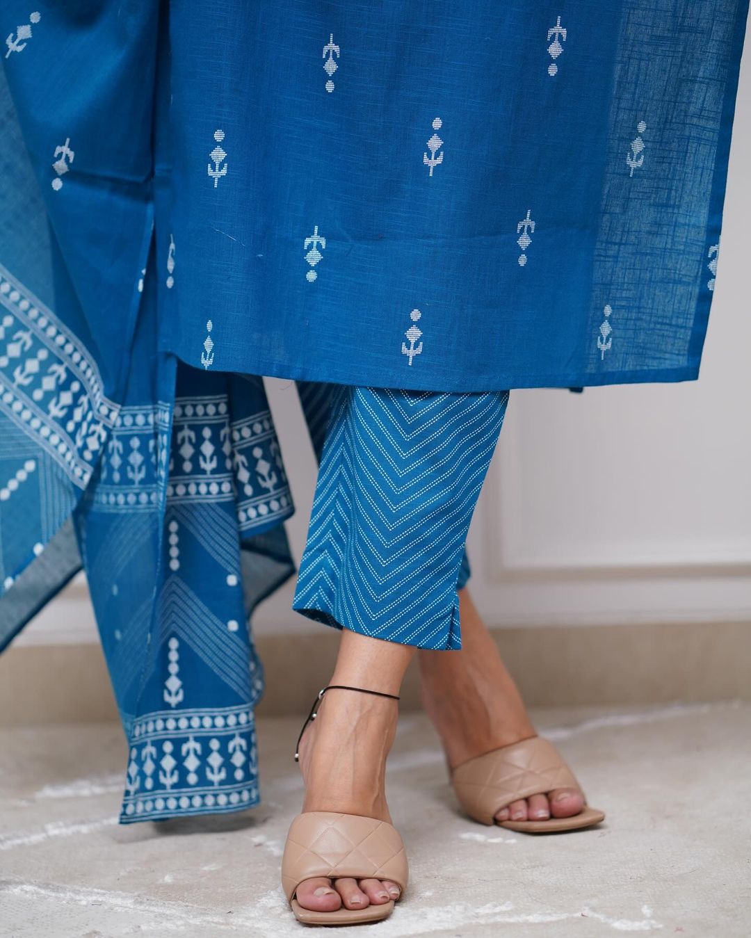 Light Blue Cotton Printed Suit