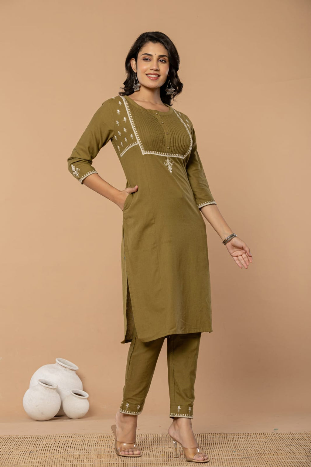 Olive Green Cotton Embroidered Suit
