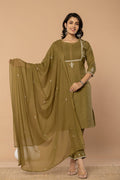 Olive Green Cotton Embroidered Suit