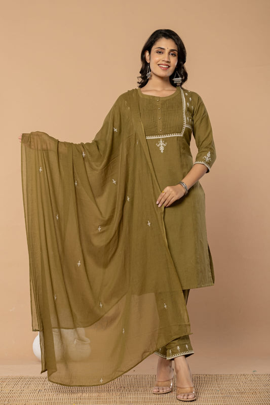 Olive Green Cotton Embroidered Suit